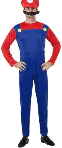 Pianocean Super Costume Brothers Cosplay Costume for Adults, Plumber Costume Set, Fancy Dress Costume Men with Bodysuit Hat Moustache, Carnival Costume Men Women, Adult Costume for Halloween