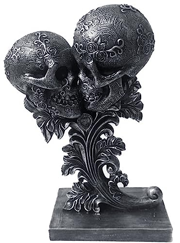 UMMEI Skulptur Totenkopf Paar Deko,Gothic Ehering Retro Deko,Schädel Skulptur Schwarz Skelett Modern Hand Schmuck Wanddeko,Silber,9in