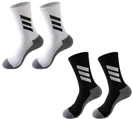 2 Paar Rutschfeste Sportsocken, Gummipolster-Griffsocken, Atmungsaktive Fußballsocken in Der Mitte Der Wade, Dreistreifen-Fußballgriffsocken, Elastische Basketballsocken Für Herren (Weiß, Schwarz).