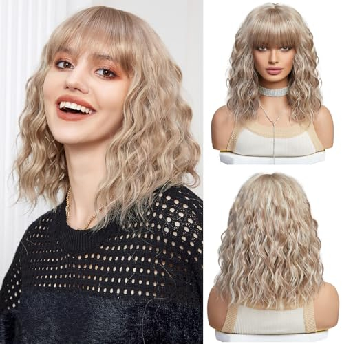 UEVIES Kurze Gewellte Asch Blonde Perücke Synthetisches Haar Perücken mit Pony Natürliche Schulter Länge Bob Perücke für Frauen Tägliche Party Cosplay-16 Zoll