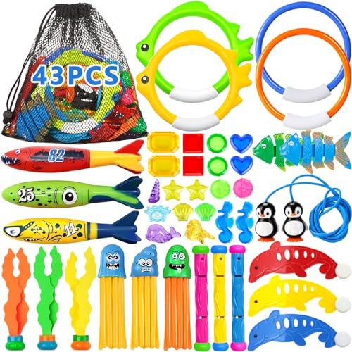 Frasheng Piscina Subacquea Immersioni Giocattolo,43 Pezzi Giochi Piscina Bambini,Giocattoli da Immersione,Set da Immersione Subacquea Giochi da Allenamento in Piscina per Bambini