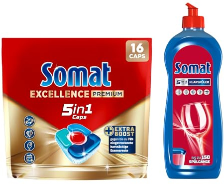 SOMAT 5in1 Caps 16 AW Excellence Premium, schnellauflösende Spülmaschinentabs mit Extra Boost, entfernen hartnäckige Essensreste + Somat Duo Power Experten Klarspüler 750ml