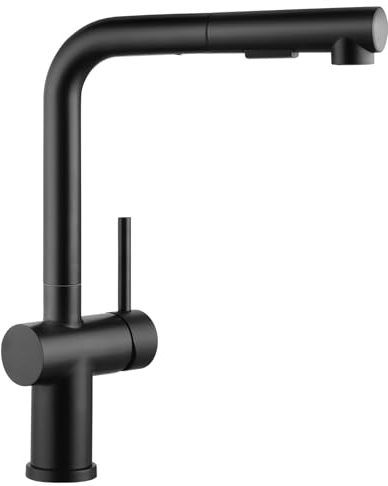 BONADE Küchenarmatur mit Brause Ausziehbar, Hochdruck Wasserhahn Küche Schwarz mit Zwei Wasserstrahlarten, Mischbatterie Küche 360° Schwenkbar, L Form Spültischarmatur Küche Armatur aus Edelstahl