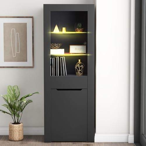 HAUSPROFI Glasvitrine mit Led Beleuchtung, Türen und Schublade, Aufbewahrungsschrank aus Holz und Glas, Modernes Standvitrine für Wohnzimmer Büro Esszimmer, 60 * 35.5 * 165cm (L*B*H)