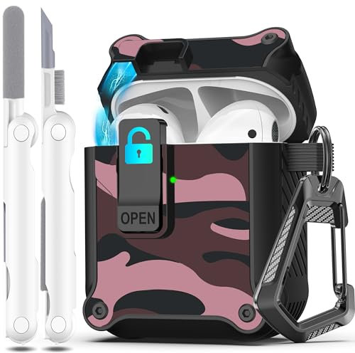 R-fun Kompatibel mit AirPods 2 Generation Hülle 2019, 1 Gen 2016 Case Cover, automatisches Pop-Up-Deckel-Design für Apple Airpods Hülle mit Reinigungsset & Schlüsselanhänger,Rote Tarnung
