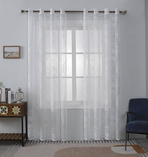 Gardinenschals 2er Set mit Schlaufen, Vorhänge Halbtransparent Jacquard mit Blumen Muster Amerikanisch 132x160CM Gardinen Polyester Weiß Lichtdurchlässig Schiebevorhänge Wohnzimmer Schlafzimmer