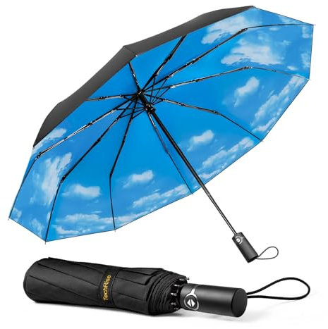 TechRise Parapluie Pliable, Parapluie Automatique Compact Coupe-vent avec 10 Baleines, Ouverture et Fermeture Automatiques à un Seul Bouton, Parapluie de Voyage Portable pour Hommes et Femmes, Ciel