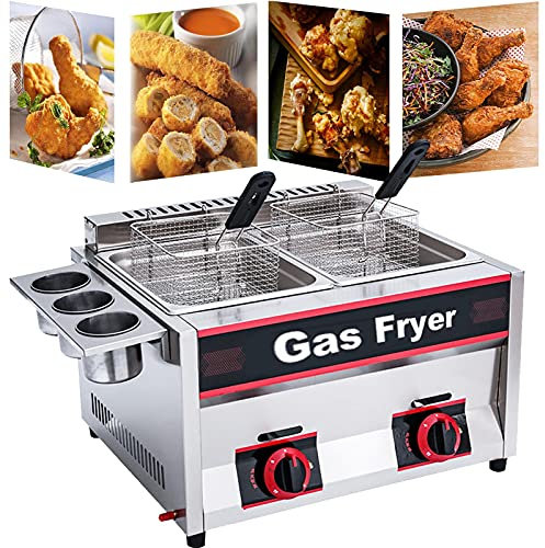 PGKTKCWH Freidora a Gas Industrial, freidora a Gas, Acero Inoxidable, freidora Doble, Gran Capacidad 22L, con cestas extraíbles, Potencia de Fuego Regulable, fácil de Limpiar