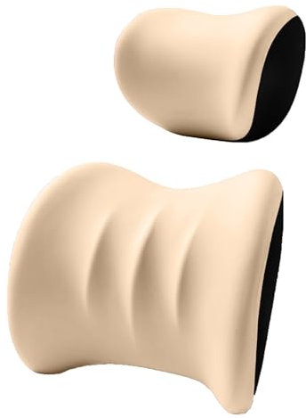 Factorys Ergonomische Kopfstütze und Lendenkissen für Autositze, Memory Foam Autokissen Nackenkissen Lendenkissen Rückenstütze Kissen Autositzkissen Kopfstützenkissen zum Fahren (Beige)
