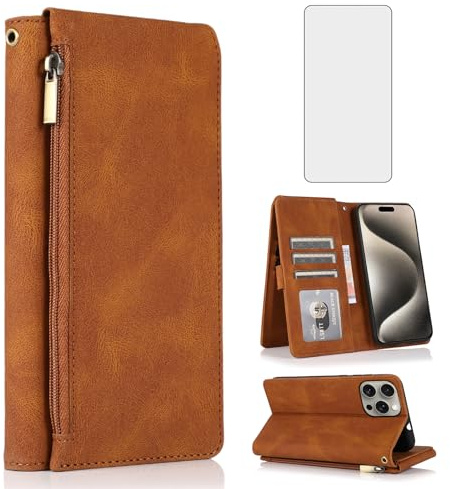 Compatible with iPhone 15 Pro Max 6.7 inch Wallet Case Screen Protector and Zipper Leather Flip Cover Card Holder Stand Cell Accessories for iPhone15promax 5G i Phone15Max Plus iPhone15 ProMax Brown