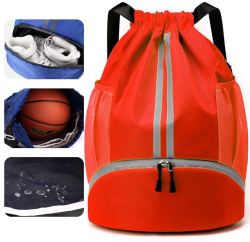 Veki Mochila Deportiva Cuerdas para Mujer Hombre, Bolsa de Cuerdas con Compartimento de Zapatos, Bolsa de Deporte Cordón, Bolso de Fútbol, Gimnasio Mochila para Senderismo, Viaje, Playa (Rojo)