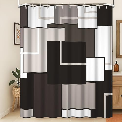 Xiaoterna Rideau de Douche géométrique Rideau de Douche Abstrait Noir Blanc Gris Simplicité Moderne Mosaïque géométrique Rideau de Douche imperméable et Lavable pour Salle de Bain 180x200cm