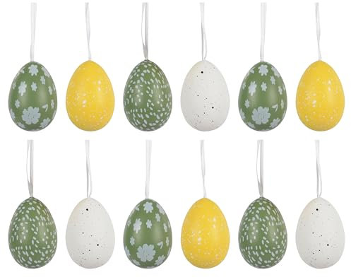 Ostereier zum Aufhängen 4x6cm gesprenkelt 12er Set - Plastikeier mit Aufhänger - Kunststoff Deko Eier für Ostern Frühling - Kunststoffeier Osterdeko Hängedeko Frühlingsdeko bruchfest - Weiß Gelb Grün