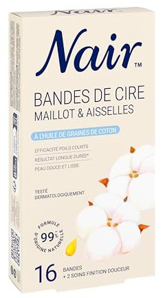 Nair Bandes de Cire Froide, pour le maillot et les aisselles, kit à domicile pour femmes, enrichie en huile de graines de coton, 16 bandes et 2 soins finition douceur.