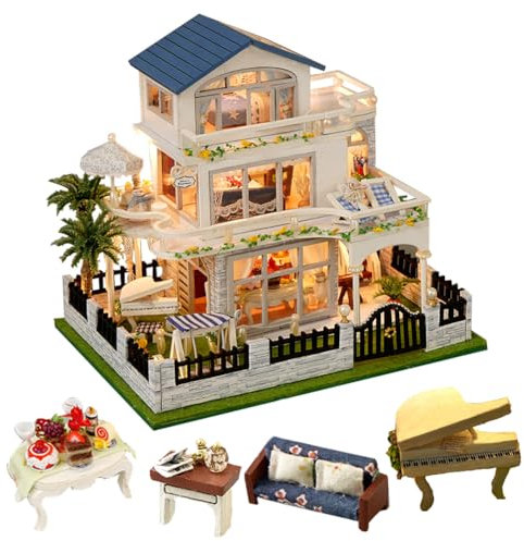 TOPBSFARNY Miniatur Holz Puppenhaus Europäischer Stil Villa Haus DIY Puppenhaus Kit Villa Gebäude 3D Modell Kreativität Geschenke für Freund und Eltern