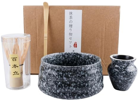 4Pcs Matcha Whisk Set, Matcha Tea Set with Whisk and Bowl, Matcha Spoon, Whisk Holder, 580ml Ceramic Bowl, Handmade Matcha Making Kit for Tea Drinking (Black)