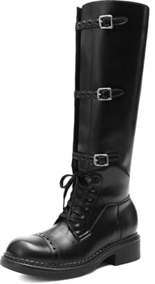 DREAM PAIRS Botas altas hasta la rodilla para mujer, botas de combate góticas, con cordones, hebillas ajustables, tacón bajo grueso, botines de otoño con cremallera lateral para poner y quitar, Negro