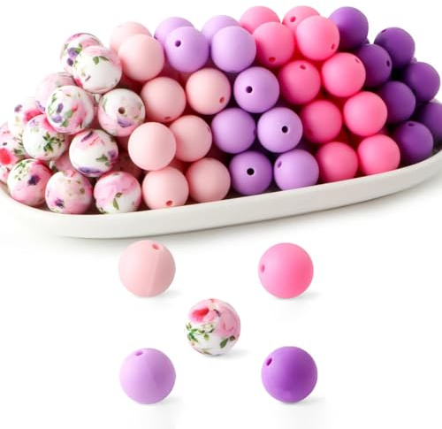 Yuelulala 100 Pcs 15mm Silicone Beads for Keychain Making, Purple Pink Round Beads for Bracelets Decorations Crafts Making Party Favours Supplies for DIY Making Art Craft (A138-100)