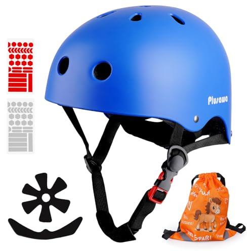 Plusawa Casque Enfant Certifié EN1078 CE，Casque de vélo pour Enfant, mentonnière réglable，Réfléchissant - Vélo, Roller, Patins - Inclut Autocollants 3D + Sac (Bleu, M)