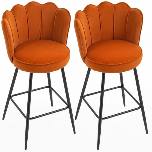 HOMCOM Bar Stools Set of 2 Velvet with Petal Backrest Footrest, Orange | Barstools, Modern Upholstered Breakfast Bar Chairs, Metal Legs, for Kitchen Island Counter, Dining Room