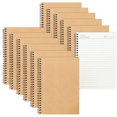ReePlan 12 Stück A5 Spiral Notizbuch Liniert, 120 Seiten & 80 g/m² Papier, Kraftpapier Einband, 21×14 cm für Schule, Studium, Universität, Büro & Journaling