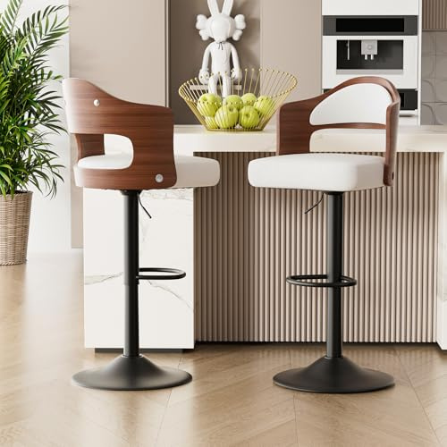 Hawthyhome Barhocker 2er Set Barstuhl Tresenhocker Bistrohocker 360°Drehstuhl Küchenstühle mit offene Rückenlehne und Fußstütze Stuhl mit Armlehnen Lobby Tresen Küche Hausbar Weiß Nussbaumholz