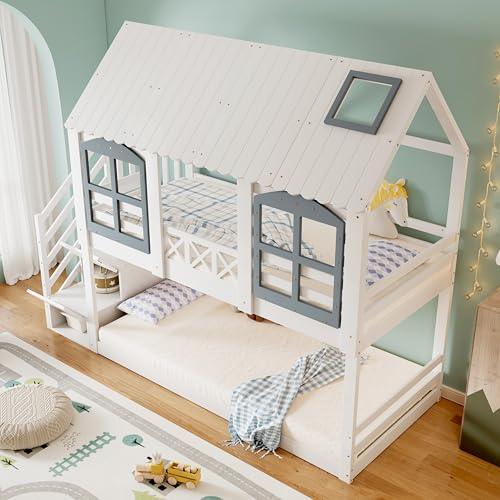 A ALFRESCOOL Kinderbett 90x200cm Etagenbett Hochbett mit Dach & Fenster Mit Fallschutzgitter & 3 Schließfächern in der Treppe Reichlich Stauraum Kiefer+MDF Weiß+Grau Sicherheitsbett für Kinderzimmer