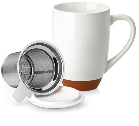 MALACASA Ceramic Tea Mug with Lid and Stainless Steel Infuser, 18 oz Large Tea Cup for Loose Leaf Tea, Heat-Resistant, Microwave & Dishwasher Safe, Speckled Glaze Coffee & Tea Brewer Mug, Khaki White
