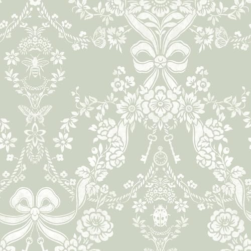 Holden Bow Damask Cute and Charming Design Wallpaper for Kids Bedrooms, Nurseries, Playrooms and Hallways or Mudrooms Sage Green (14170)