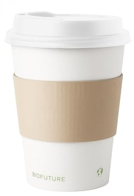 BIOFUTURE 50 x 8oz Disposable Coffee Cups Compostable Paper Cups with White Lids and Sleeves, Eco-Friendly & Biodegradable, Ideal for Hot Drinks, Takeaway or Travel, EN 13432 Certified (White)