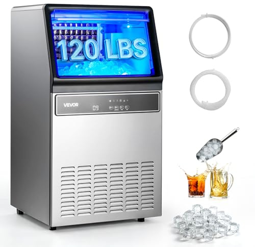 VEVOR Commercial Ice Maker Machine 120 lbs/24H, Under Counter Ice Maker with 33 lbs Storage Bin 45 Cubes in 8-10Mins, Stainless Steel &Freestanding Ice Machine with LED Display for Home Bar Cafe