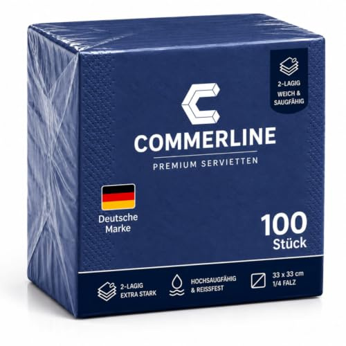 Commerline Servietten Blau, 100 Stück, Papierservietten, Napkins | 33 × 33 cm, 2-lagig, 1/4 Falz, Einwegservietten, weich, saugstark, für Gastronomie, Catering, Kantine, Party, Events