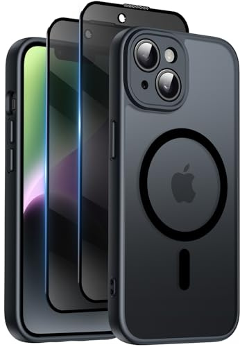 Qasyfanc for iPhone 14 Plus Case, Privacy Screen Protectors X2, Black | Compatible with MagSafe, Camera Protection, 15FT Military Drop Protection, Translucent Matte Shockproof Phone Cover