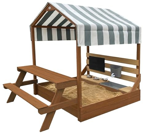 AXI BO Sandkasten & Spielhaus aus Holz mit Spielküche, Dach und Picknicktisch - Braun | Sandkasten inklusive 6-teiligem Zubehörset | Mit Bodenplane | 159 x 105 cm