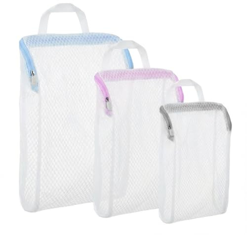 3 Pack Mesh Laundry Bags with Handle for Washing Machine, Delicates & Bras | Three polyester honeycomb mesh bags, large, medium and small, with carry handles and auto-lock zips for bras and delicates