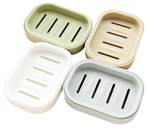 4 Pcs Plastic Soap Dish with Drainage, Portable Shower Soap Holder, Non-slip and Dry Soap Box for Bathroom Kitchen, Easy Cleaning, Gray Blue, Light Green, Cream White, Khaki