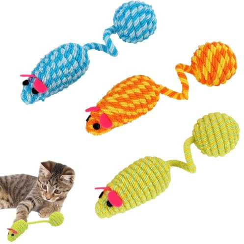 BOFYTR Kitten Toys for Indoor Cats, Interactive Cat Toy with Colourful Woven Mice, Cat Mouse Toy for Solo Play and Multi-Cat Interaction, Set of Three Mice Measuring 20 Cm by 5 Cm