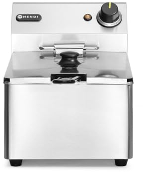 HENDI Freidora eléctrica, T ajustable hasta 190°C, termostato de seguridad, zona fría, con tapa y cesta de freír, tanque de aceite extraíble, 6L, 230V, 3300W, 265x430x(H)290mm, acero inoxidable