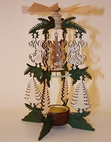Teelichtpyramide 2stöckig Zweige grün - Motiv/Engel/Maria - Josef ? Christkind original Erzgebirge 11,5x24cm
