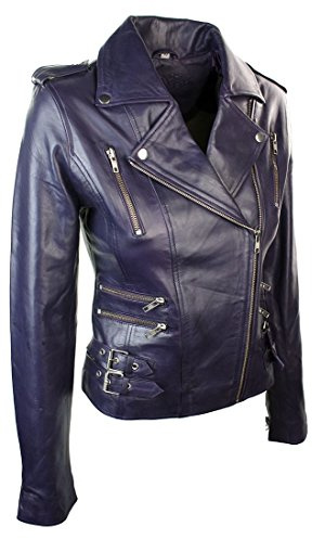 Womens Ladies Real Soft Leather Racing Style Biker Jacket Purple