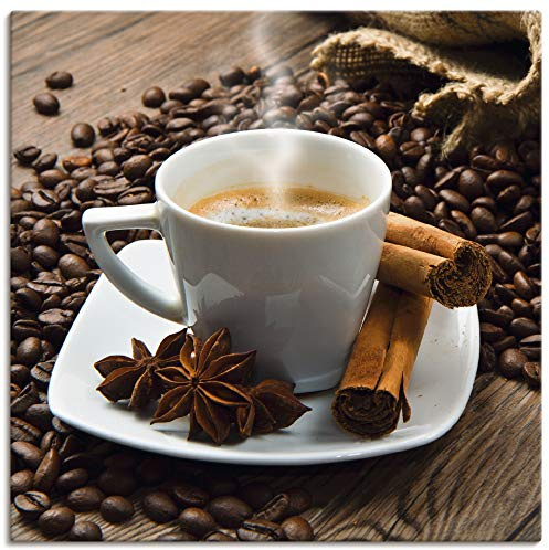 ARTLAND Wanddeko Leinwand Bilder Wandbild Ernährung & Genuss Getränke Kaffee Fotografie Braun Kaffeetasse Leinensack mit Kaffeebohnen S6BQ