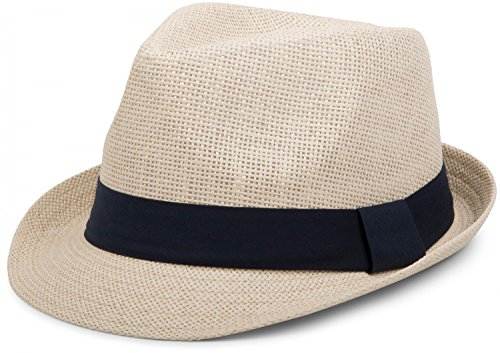 styleBREAKER Trilby Hut, Leichter Papierhut mit kontrastfarbigem Zierband, Unisex 04025002, Farbe:Natur/Midnight-Blue, Größe:L/XL = 58 cm