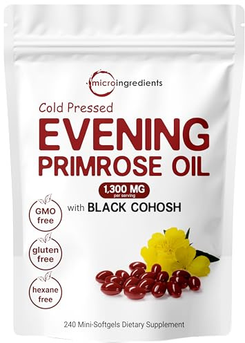 Evening Primrose Oil 1300mg Per Serving, 240 Softgels | Enhanced with 40mg Black Cohosh Extract, Cold Pressed – 10% Active GLA, Non-GMO, No Gluten, Easy to Swallow