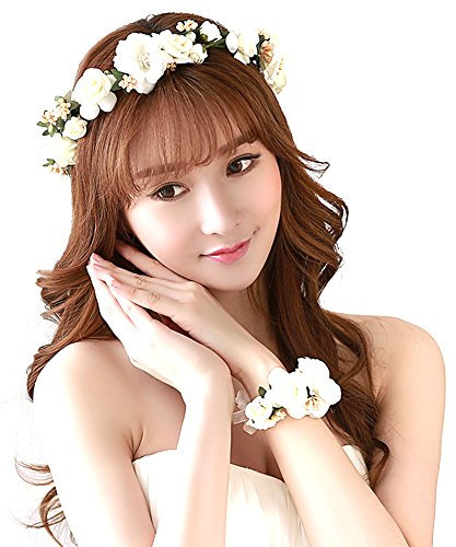 Mescara Braut Haarband Blumenkranz Haarkranz Hochzeit Bänder mit Armband Blumen (weiß-2, OneSize)