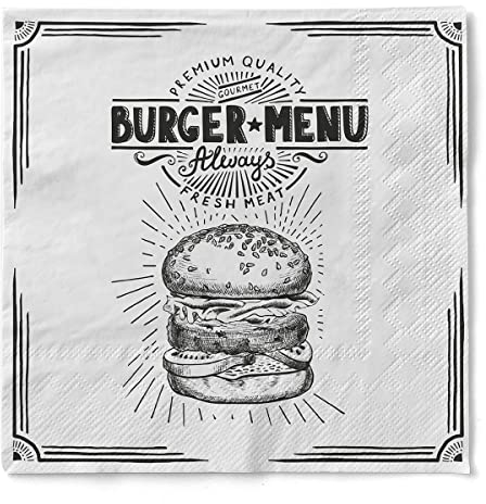 Mank Tissue Servietten 33x33 cm BBQ Premium Einweg Serviette saugstark perfekt für Grillparty & Burger Party 100 Stück Burger Menu in schwarz