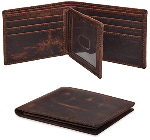 Real Leather Bifold Wallet for Men - Wallets with 9 Credit Cards 1 ID Window Slim Minimalist Front Pocket Billfold (Brown)