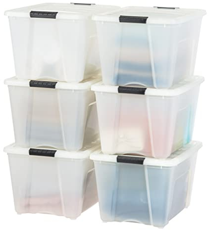 IRIS USA 54 QT Kunststoff-Aufbewahrungsbox mit Deckel und Riegeln, BPA-frei, diskrete Organisationslösung, langlebige, stapelbare Behälter, sicherer Ziehgriff, Perlmutt, 6 Stück