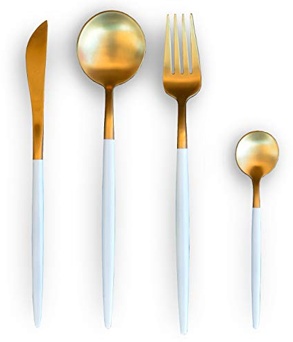 Ménagère Couverts Deluxe Lot de 24 pièces Acier inoxydable 18/10 Doré et blanc Contenu : 6 couteaux de table, 6 cuillères à soupe, 6 fourchettes de table et 6 cuillères à café.