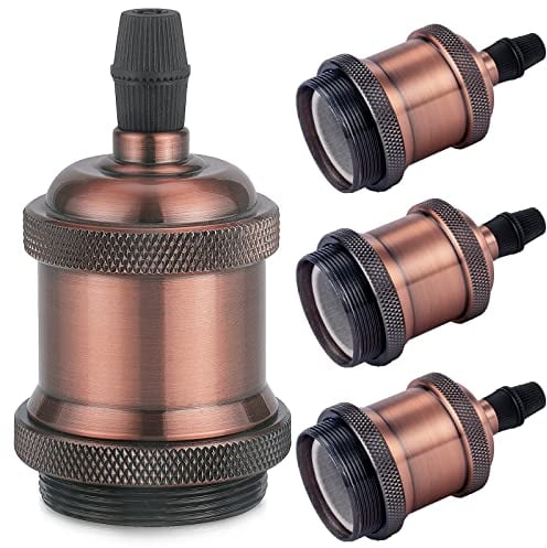 DiCUNO E27 vintage solid Lampenfassung, Aluminium & Keramik Lampenhalter, E27 Sockel für Glühbirne, Antiker-Look für Wand-, Tisch- & Deckenleuchte, DIY Zubehör, Red Copper, 4er Pack