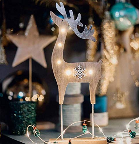 hellum LED Holz-Rentier mit Schneeflocke mit timer, 5 LED, warmweiß, batteriebetrieben (2x AAA, nicht enthalten), innen IP20, Winterdecoration, Wohnzimmer, Dekoration, Weihnachtsdecoration, 524079